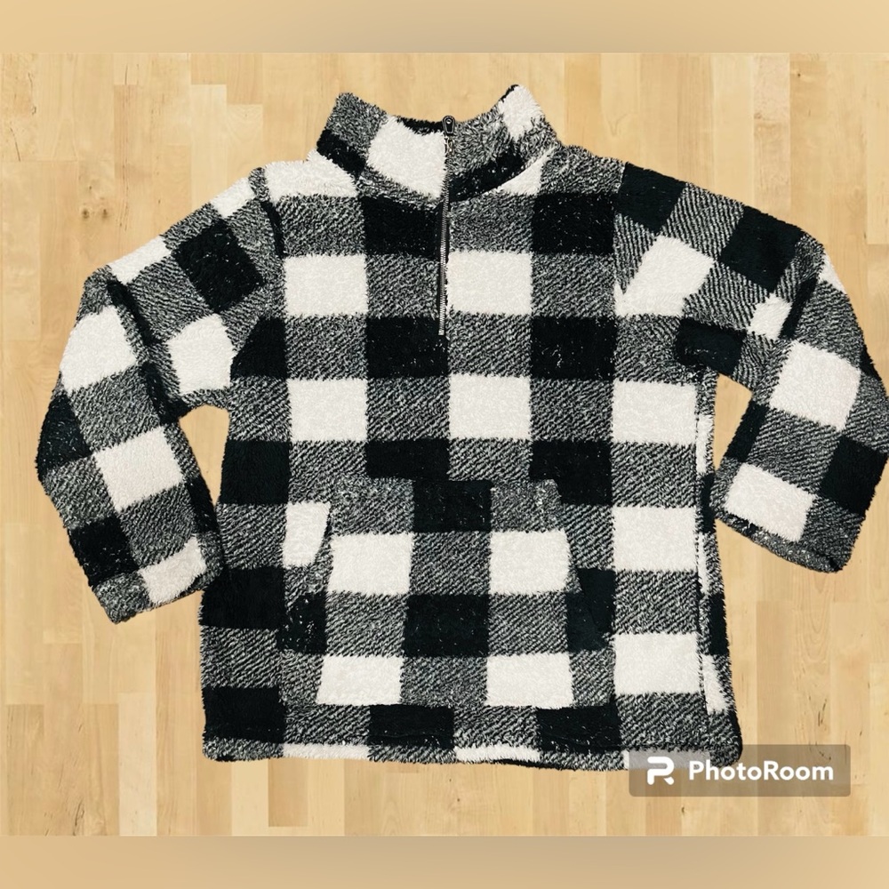 Preowned Women’s Sz Medium Polyester Black White Fleece Pullover Pockets Zipper